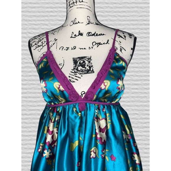 Vtg Y2K Wet Sea Satin Babydoll Mini Slip Dress MED Teal Purple Floral Smocked - Picture 2 of 11
